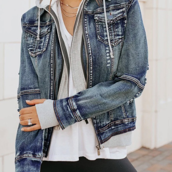 Sweatshirt Hooded Denim Jean Jacket - Medium Wash, Size Large, Great Condition - Picture 2 of 4